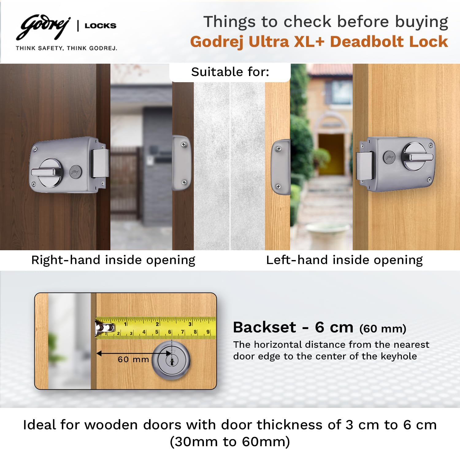 Godrej Rim Lock I Rim Deadbolt Ultra XL+ I 1CK Deadbolt I for Inside Opening Wooden Door | Left/Right Handed Doors I 4 Keys I 5-Year Warranty I Manual Locking l Matte Black Nickel Finish — Amazon image 6