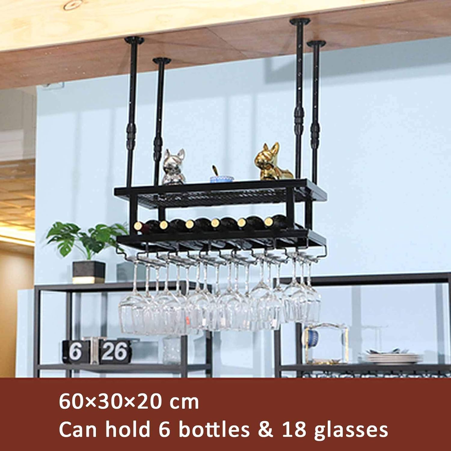 Wall Mounted Wine Rack with Under Shelf Hanging Storage Bar Shelves for Wine and Champagne Glasses Ceiling Stemware Racks Black 60cm.