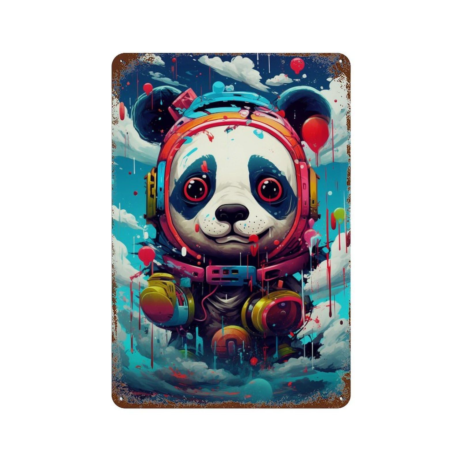 Garage Style Panda Astronaut in Space-5 Distressed Metal Wall Sign 11.8"x7.9", Farmhouse Wall Decor for Bar And Workshop