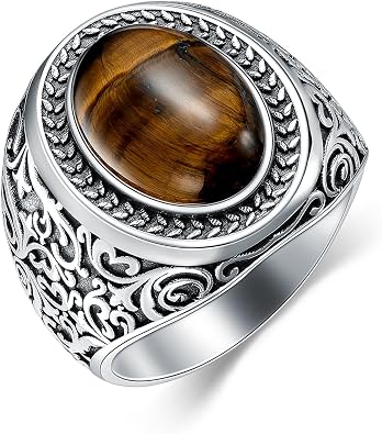 925 Sterling Silver Tigers Eye Ring for Men Oval Tiger Eye Stone Turkish Rings Chunky Vintage Christmas Birthday Jewelry Gifts for Father Husband Boyfriend Son