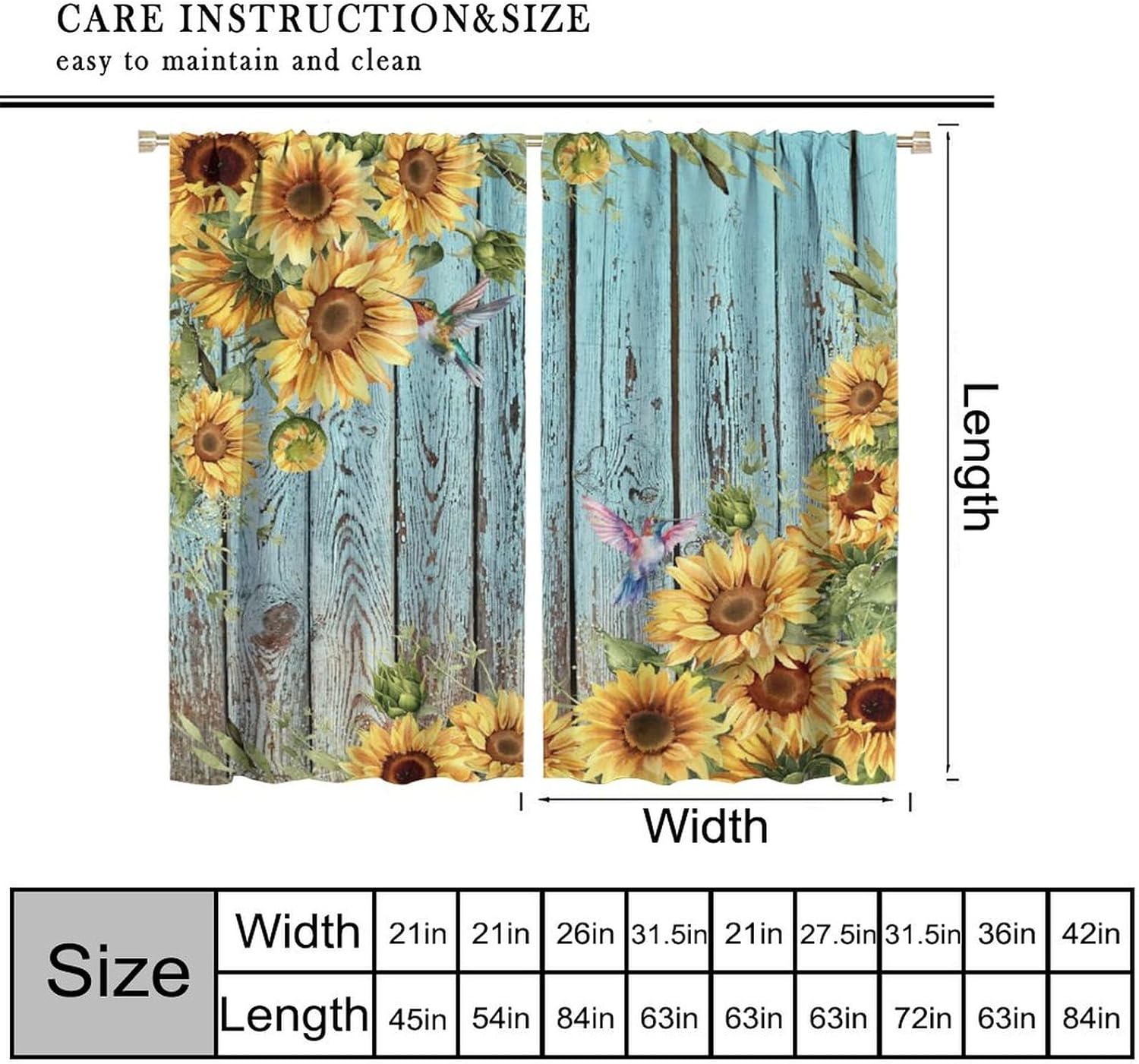 Vintage Sunflower Blackout Curtains，Rustic Farmhouse Wooden Yellow Floral Plant Hummingbird Pattern Drapes Window 2 Panel Rod Pocket Curtain for Bedroom Living Room Decor 21" W X 45" L