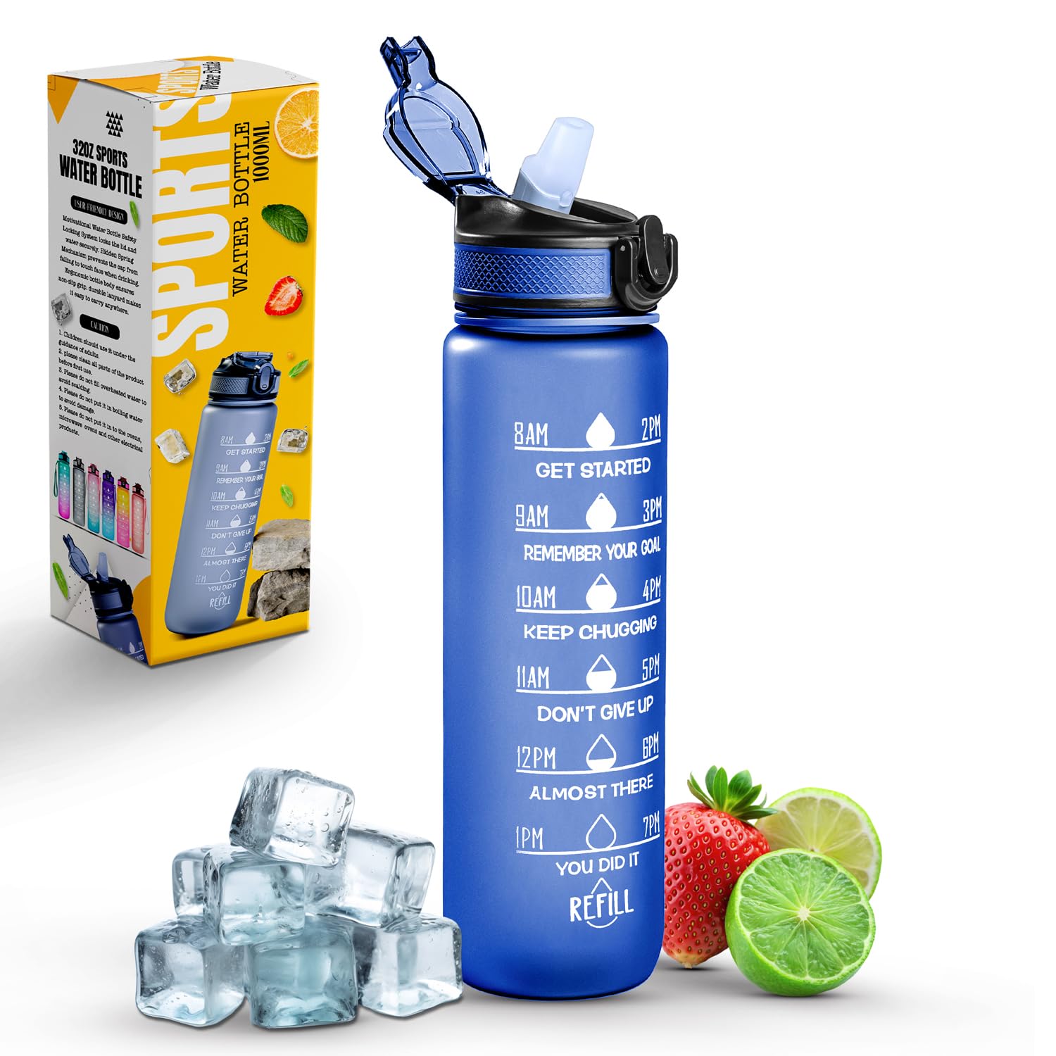 K-MART Sports Water Bottle with Straw and Time Marking, and 32OZ Capacity - Motivational and Eco-Friendly BPA-Free Bottle for Running, Gym, Yoga, Outdoors, and Camping (Style-1, Blue)-picture-22