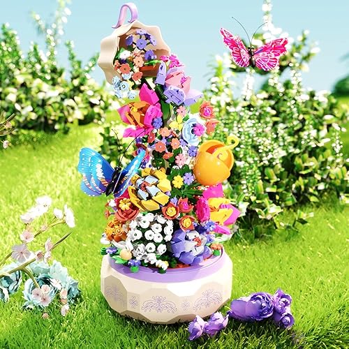 Miniatura 4 de Mesiondy Juego de flores de construcción, caja giratoria de música de flores, con luz, con mariposas, regalo de cumpleaños, kits de construcción de