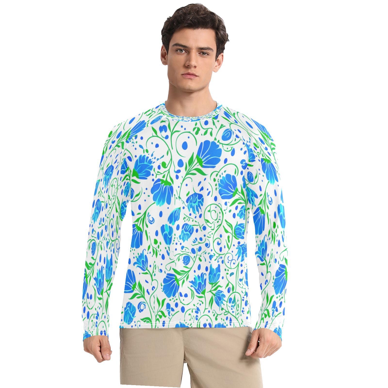 Bulletgxll Blue Floral Men's Sun Protection Shirts UPF 50+ Long Sleeve UV Rash Guard Quick Dry Swim Shirts