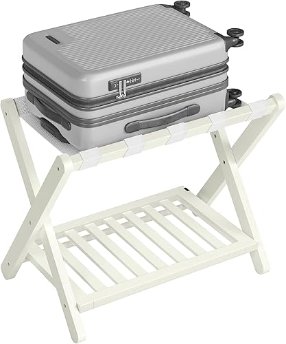 Miniatura 9 de SONGMICS Portaequipajes de madera maciza, no requiere montaje, soporte plegable para maleta, portaequipajes, con estante de almacenamiento