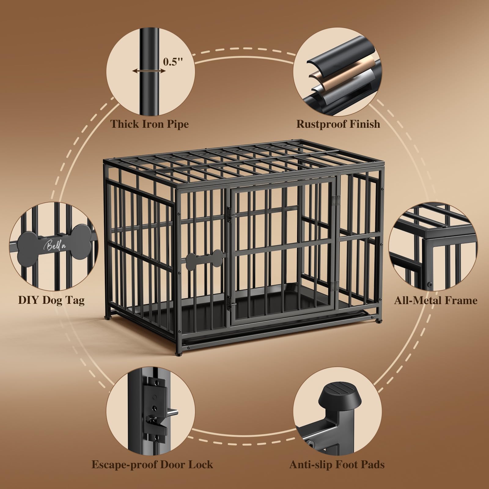 Pawaboo Haustierkäfig hochbelastbar, Hundebox, 95 x 62 x 67 cm | mit herausnehmbarer Bodenschale, leicht zu reinigen, Rostfreier Beschichtung, Gitterbox, schwarz