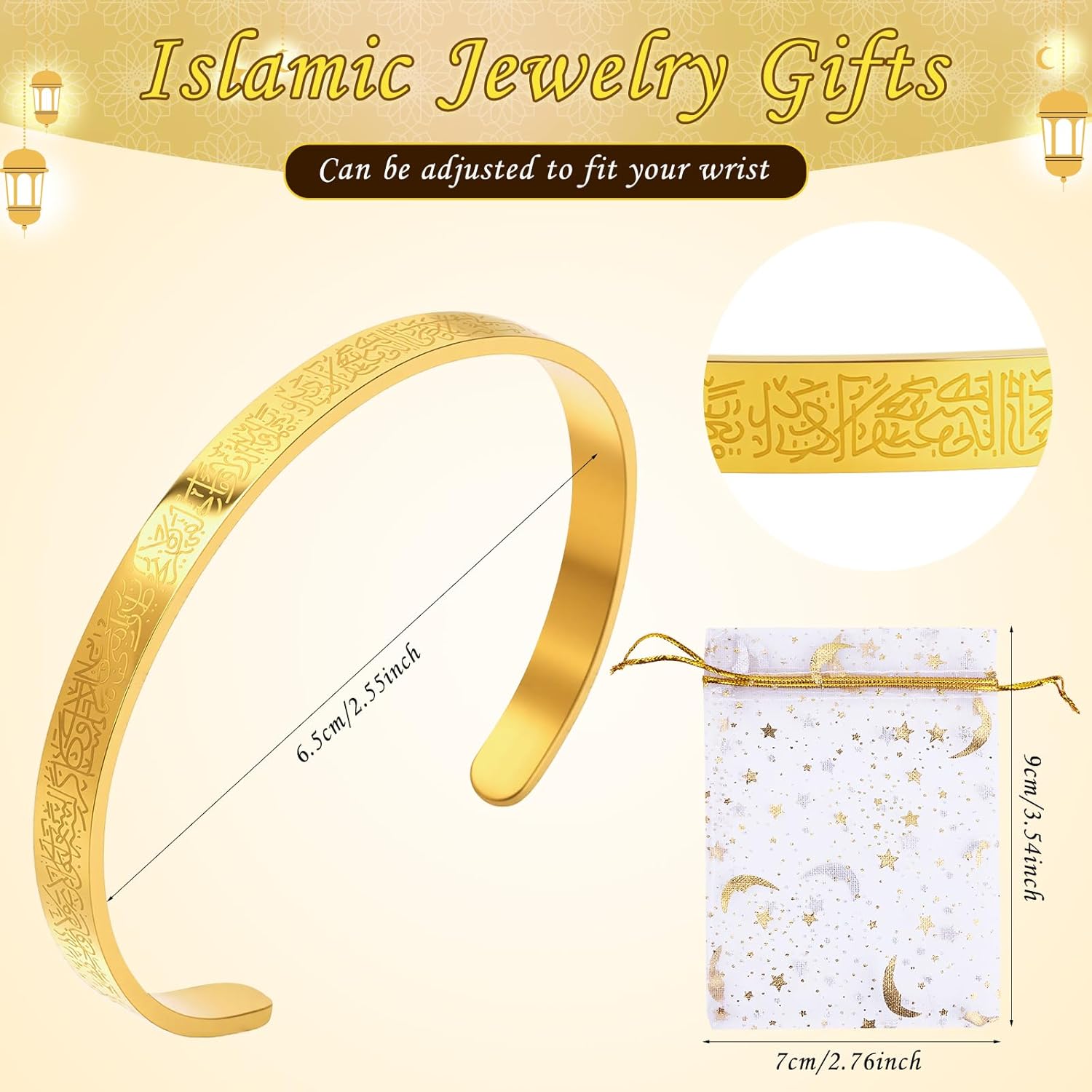 EUBUY Muslim Quran Allah Openable Bangles Arabic Calligraphy Cuff Bracelet, Islamic Jewelry for Women Men Islam Eid Ramadan New Year Gifts