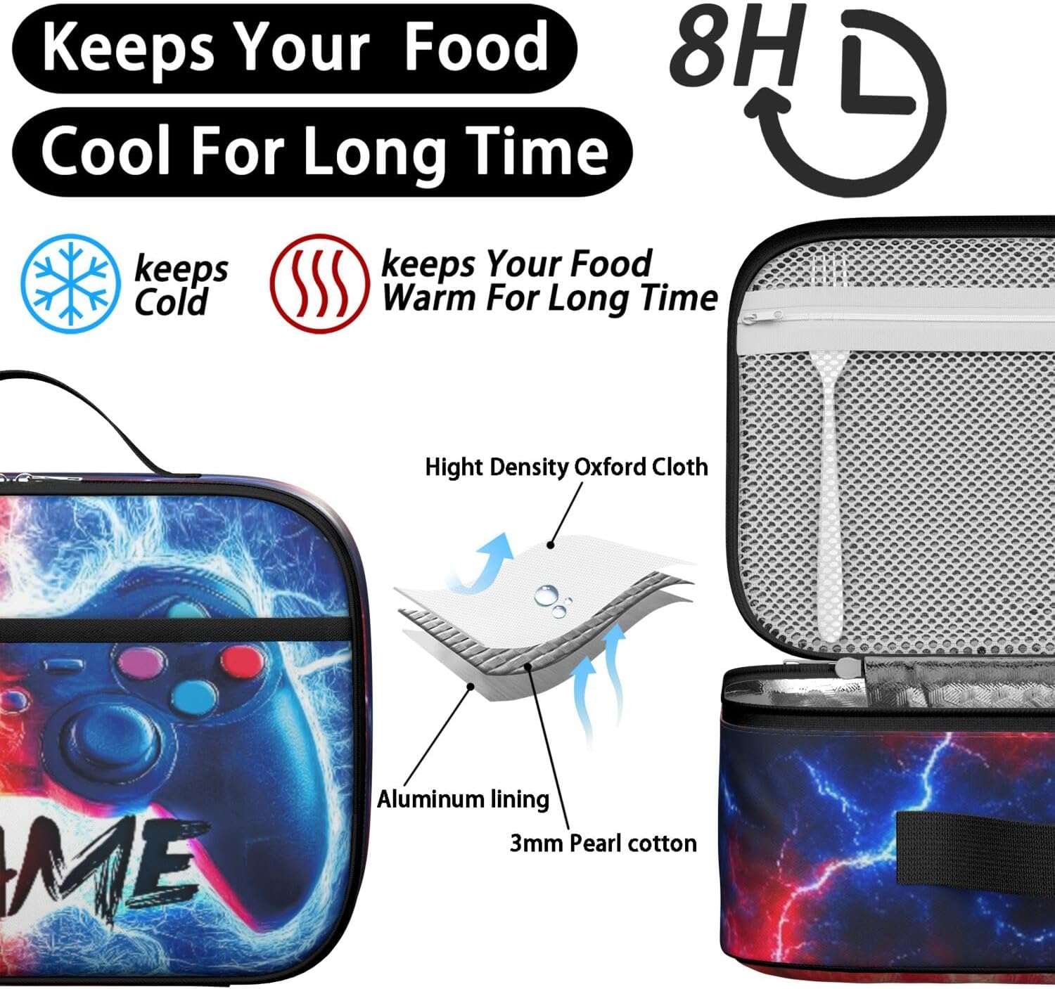 Red Blue Game Lunch Box Bag - Insulated Lunch Box for Boys Girls Kids, Zippered Portable School Lunch Container, Gaming Themed Cooler Lunchbox Bag with Handle for Kids Travel Picnic School
