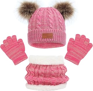 Kids Winter Beanie Hat Scarf Gloves Set, Thermal Knitted Pom Bobble Hat Scarf Gloves Set with Fleece Lining for Boys and Girls 2-8,Children Winter Warm Accessories Set for Outdoor Sports