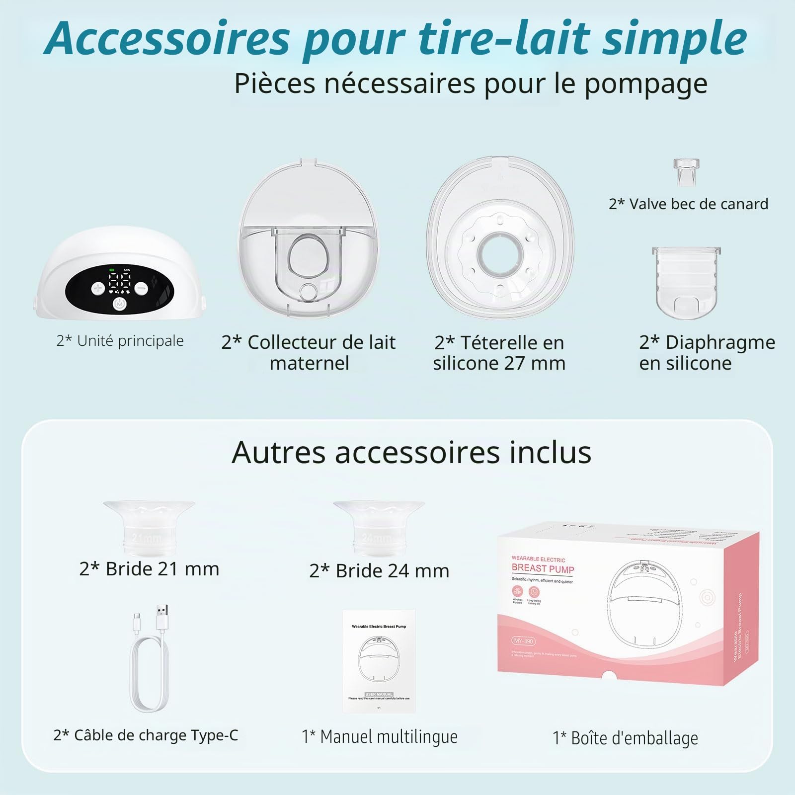 Tire-Lait Électrique Mains Libres, Lot de 2, Forte Aspiration, 4 Modes & 12 Niveaux, Silencieux et Portable, Bride 27 mm avec Inserts 24/21 mm, Facile à Nettoyer, Blanc