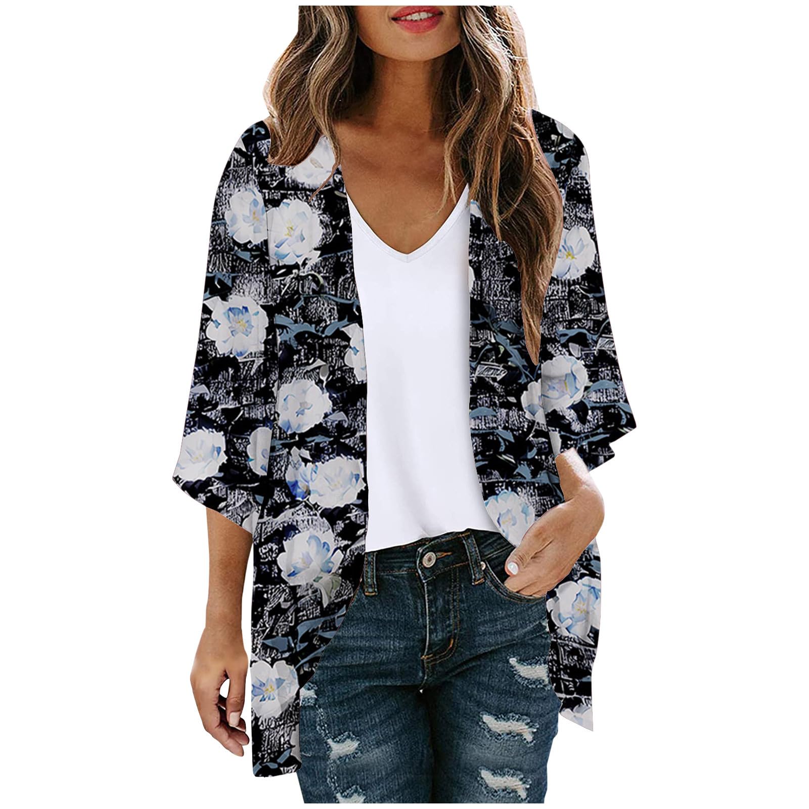 Women's Chiffon Kimono Cardigan - Floral Print Beach Cover Up, Black Flower, Medium - View #10
