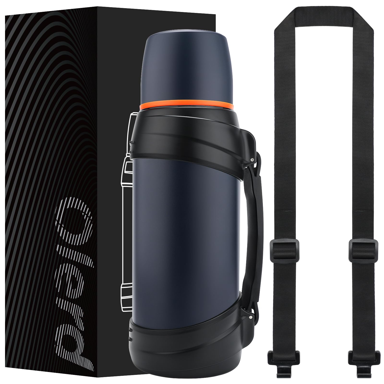 Termo de 2,0 l, termo de acero inoxidable, termo con 2 vasos, aislamiento de doble pared, botella de agua para camping, 24 horas caliente y fría (azul oscuro) | Termo de acero inoxidable con vaso de plástico sin BPA, seguro, duradero, para viajes, senderi