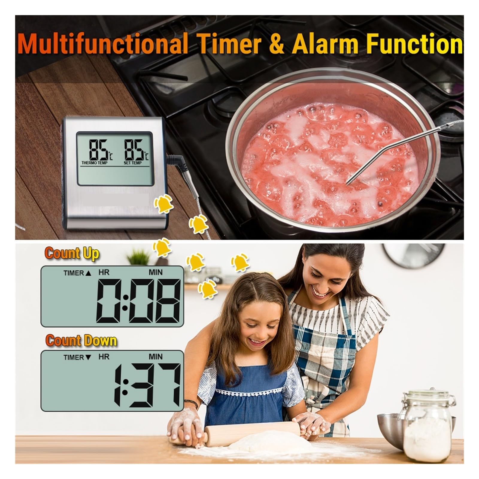 Termoigrometro Termometro for Carne da Cucina con Display LCD Digitale for Griglia da Forno for Barbecue con Funzione Timer(Silver)