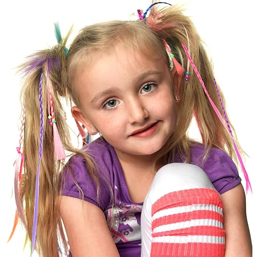 Miniatura 5 de Savgkoyt 12 extensiones de cabello de colores para niños, extensiones de cabello trenzado de cola de caballo con bandas de goma, accesorios de