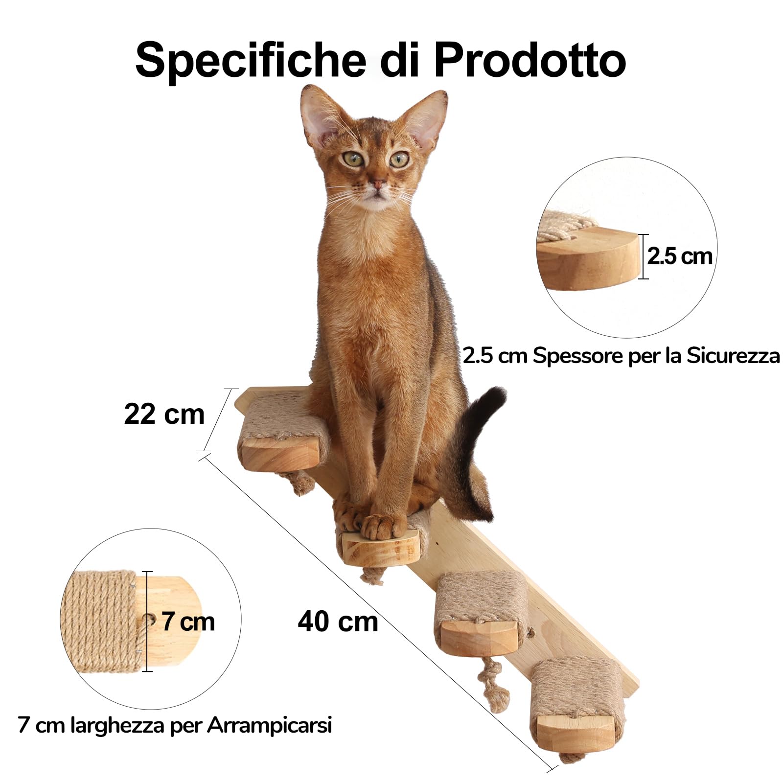 FUKUMARU Parete da Arrampicata per Gatti, 4 Scale e Gradini da Parete per Gatti, Scaletta in Legno Massiccio di Gomma,Con Corda di Iuta per Graffiare per Gatti Fino a 15 kg. da Destra a Sinistra.