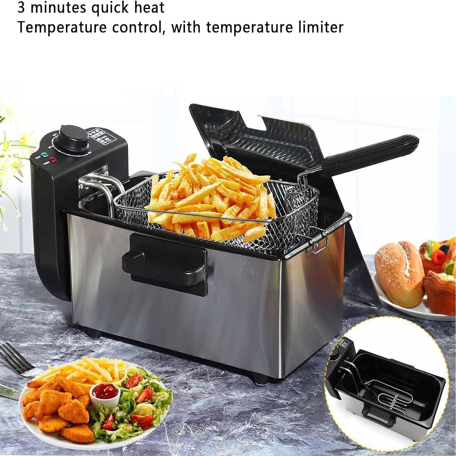Friteuse avec panier, 3,5 L en acier inoxydable, petite friteuse avec poignée anti-brûlure, friteuse à poisson et panier friteuse à huile pour frites, frites Friteuse avec panier, 3,5 L en acier inoxydable, petite friteuse avec poignée anti-brûlure, friteuse à poisson et panier friteuse à huile pour frites, frites