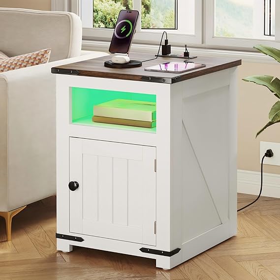 DWVO Farmhouse Nightstand with USB Charging Station & LED Lights, Adjustable Storage Shelving for Bedroom/Living Room, White Side Table with AC Outlets