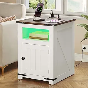 DWVO Farmhouse Nightstand with USB Charging Station & LED Lights, Adjustable Storage Shelving for Bedroom/Living Room, White Side Table with AC Outlets
