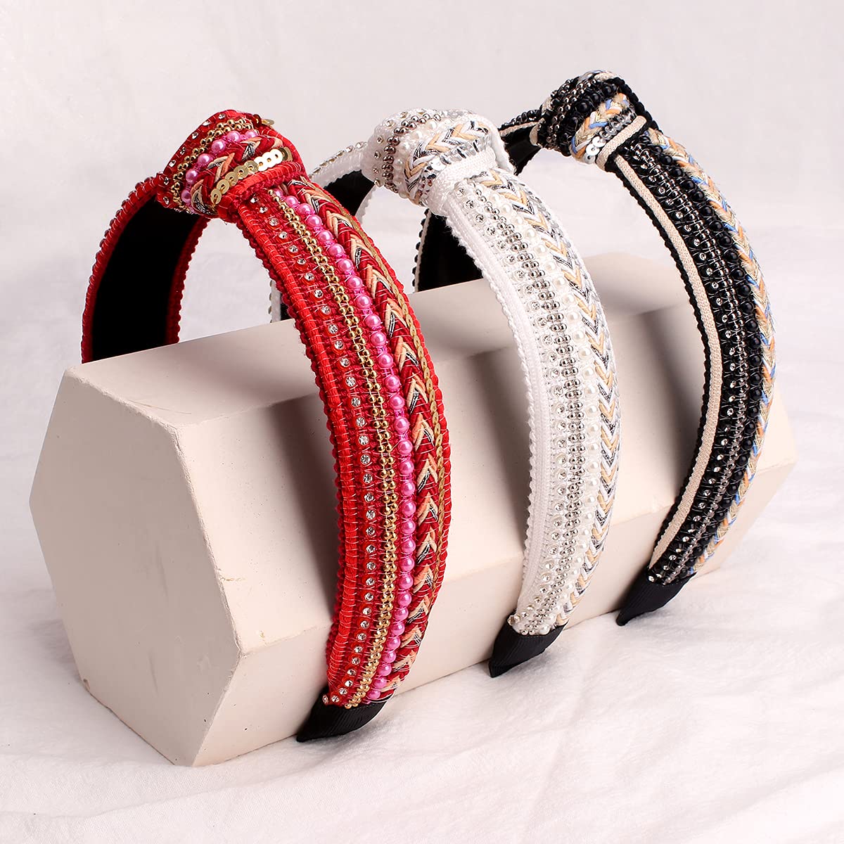 TOBATOBA Knotted Headbands for Women Sequins Pearl Headband Top Knot Head band Turban Boho Head bands for Women Beaded Wide Hairband Fashion Elegant Ladies Hair Band 3 Pack (Black, White, Red) - Image 6