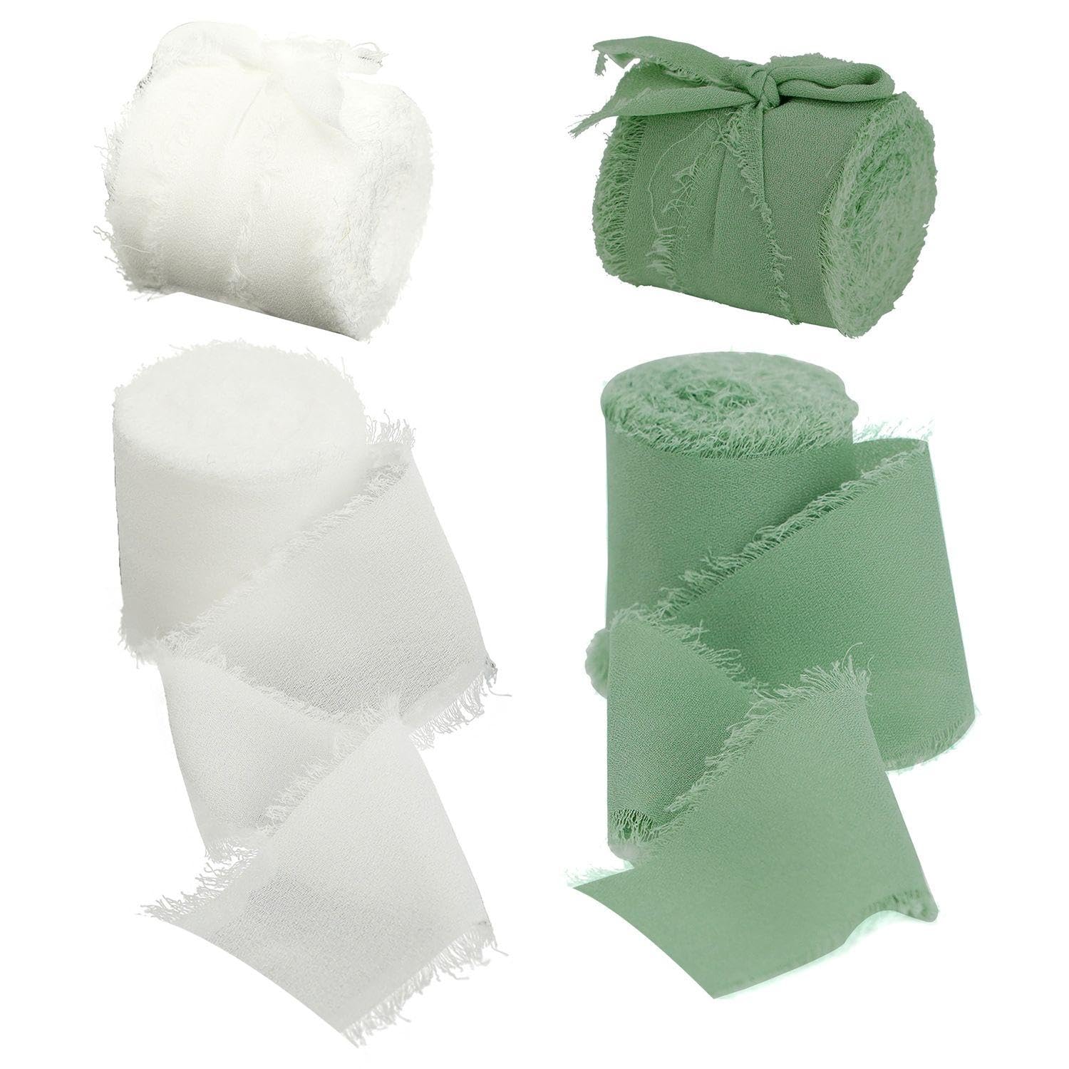 EOWVISN 4 Curls With Fur Edge Chiffon Streamers, 4Cm×5M Gift Ribbons, Baptism Decoration, Wedding Chiffon Fabric Belt, Green Gift Belt.
