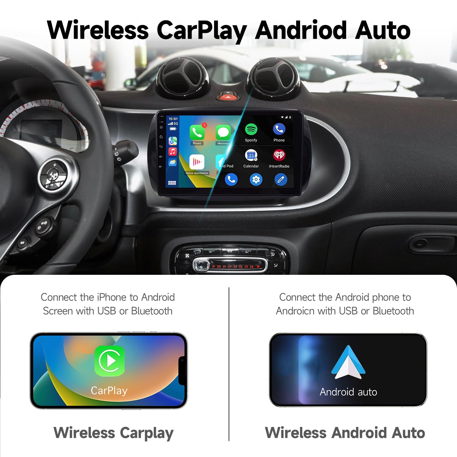 Autoradio per Smart 453 (2015–2020) – Display 9" HD, Android con Apple CarPlay Wireless & Android Auto, 4GB RAM 64GB ROM, CANBUS Incluso, Design OEM