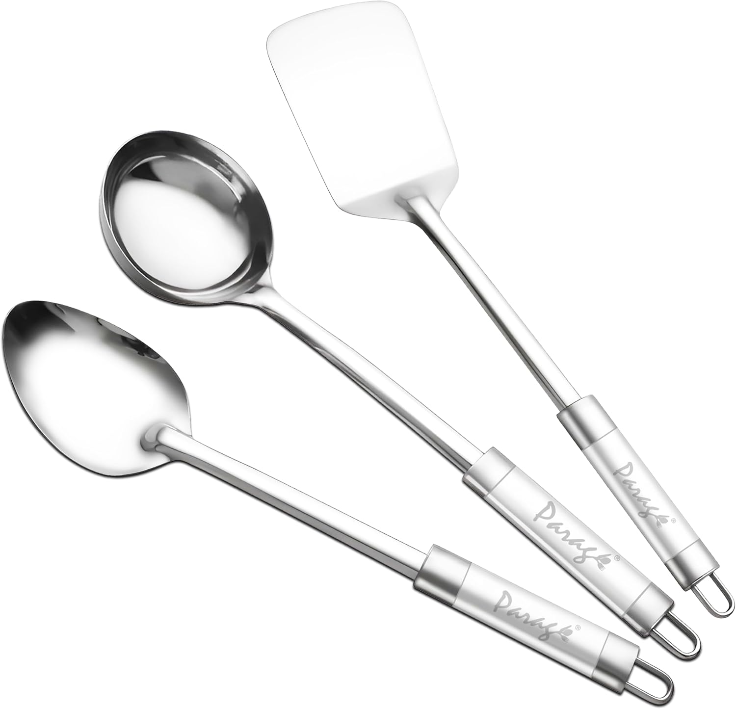 3 Pieces Stainless Steel Kitchen Tools for Home & Kitchen, Cooking & Serving, Basting Spoon (Chamcha), Ladle(Karchhi), Turner/Spatula (Palta), Dual Tone Handle Kitchen Gadgets, Silver