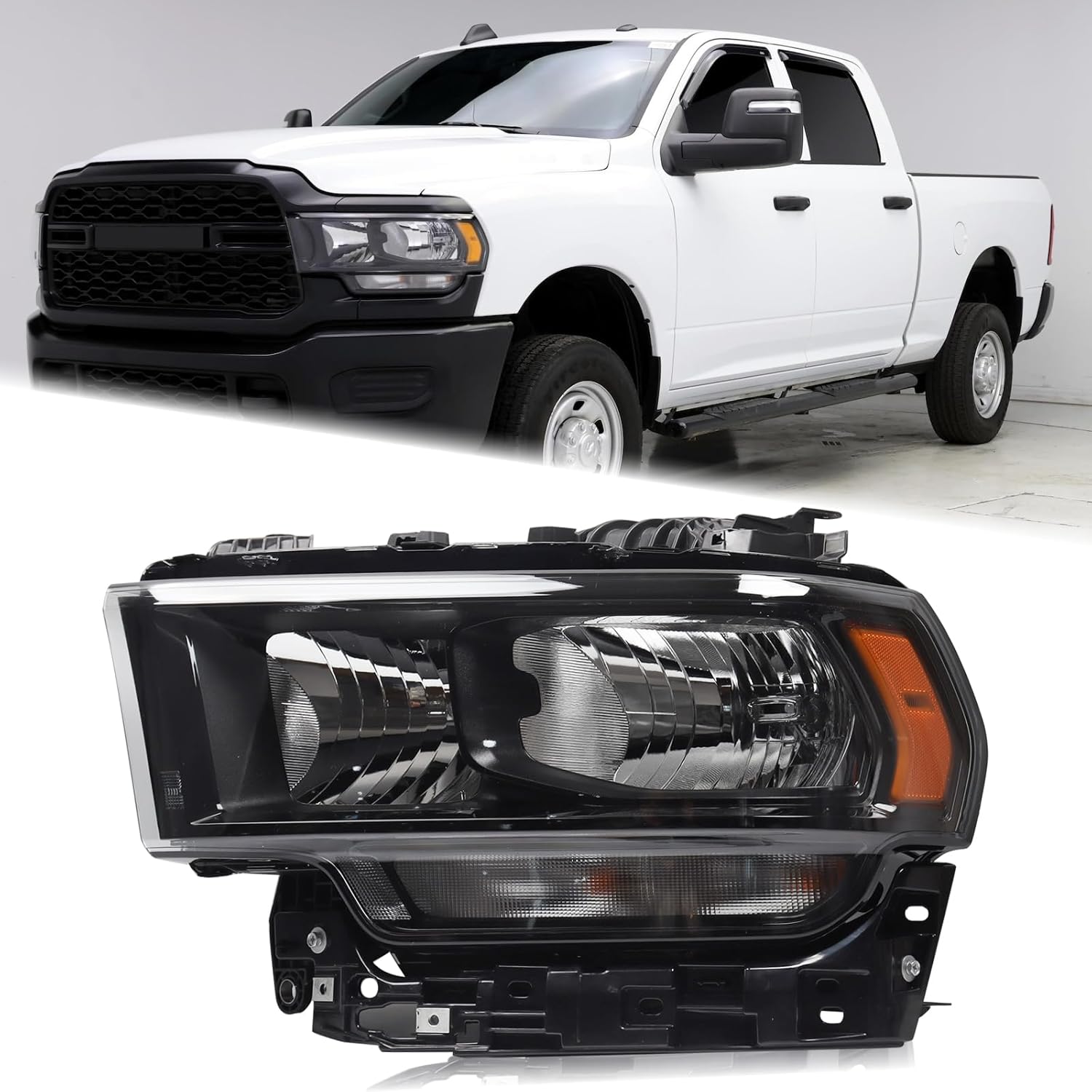 LH Black Halogen Interior Headlight Fit for 2019-2024 Dodge Ram 2500 3500 Head lamp With Bulbs Left Driver Side CH2502338 68406277AE 68406277AD