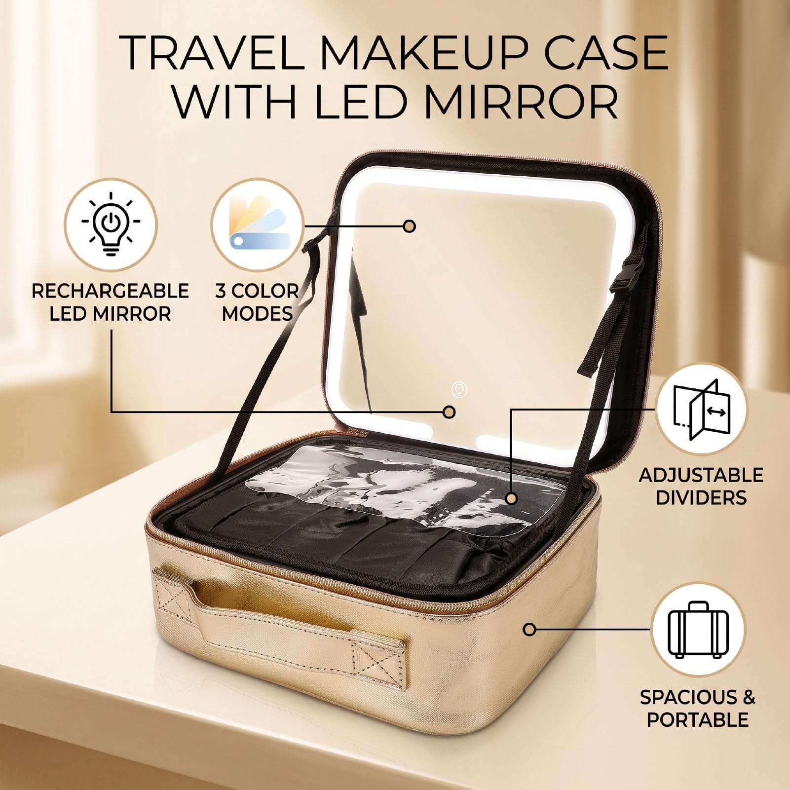 Naroote Coffret Maquillage Miroir LED Voyage Portable 3 Couleurs