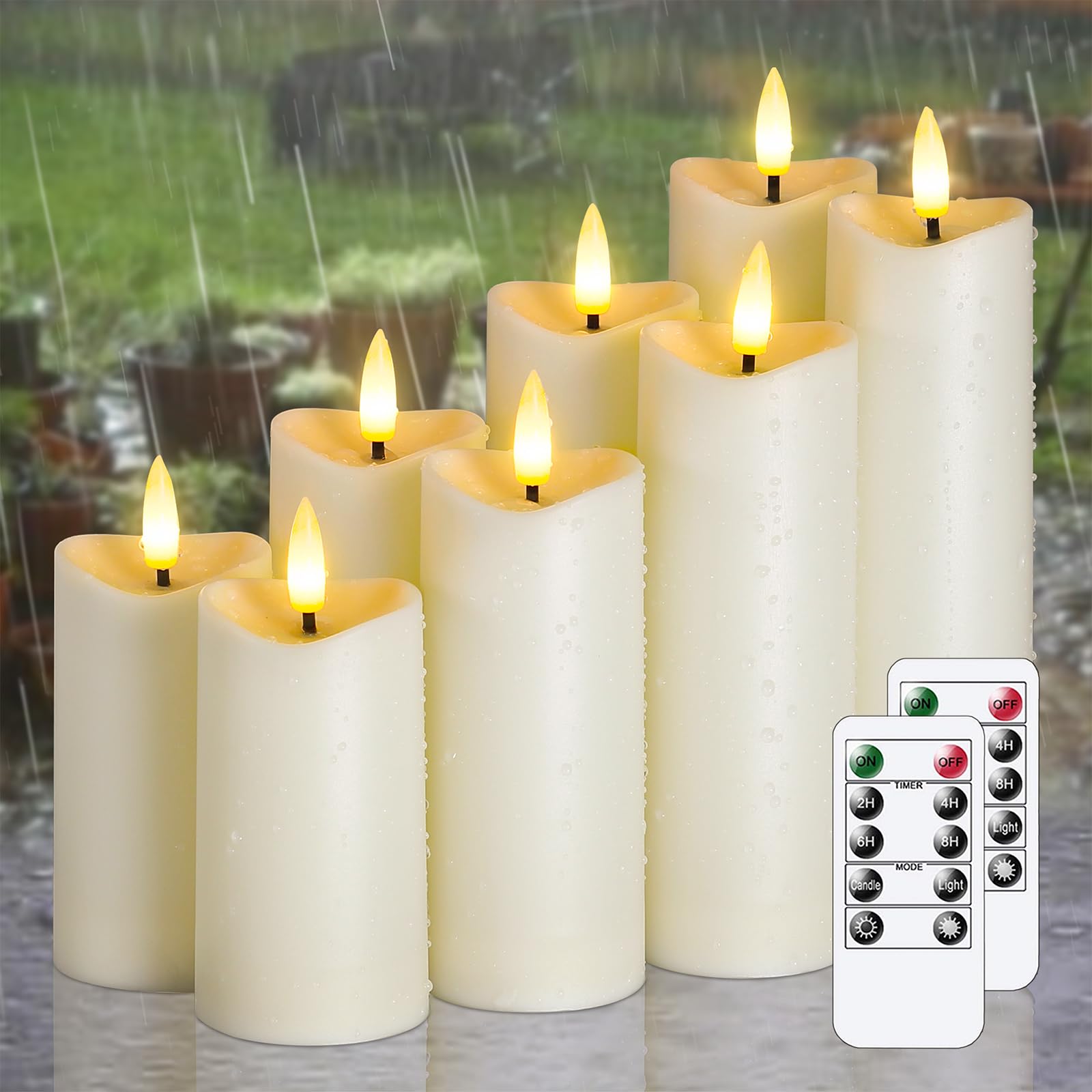 Candele LED Colonna Senza Fiamma Impermeabili Diametro 5,5cm Altezze Diverse (10 12,5 15 17,5 cm) Avorio Telecomando Timer Batteria Design Onda Plastica Pack 8 Esterni Effetto Tremolio