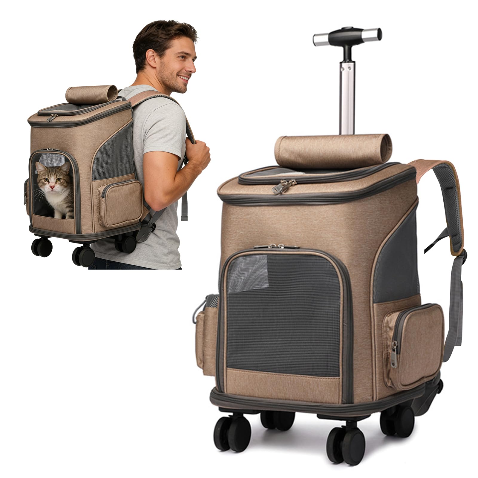 PETCUTE Transportín para Perros con Ruedas, Plegable,3 en 1 Mochila para Gatos con Mango Telescópico, Mochila para Mascotas con Malla Transpirable y Alfombrilla Extraíble,Carga Máxima 10kg,Caqui