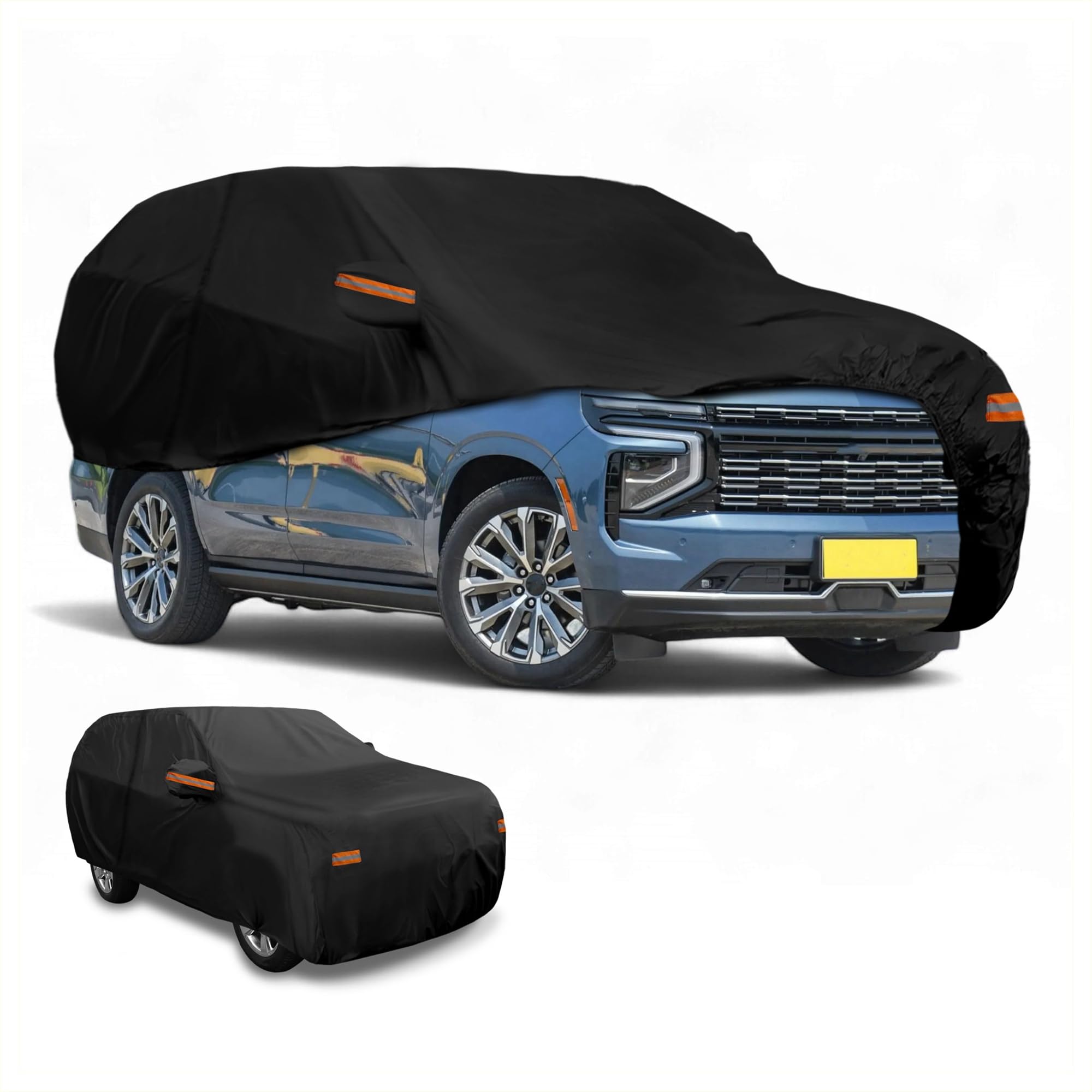 Autoabdeckung Wasserdicht Alle Wetter Automobil Außen Anti-UV Sonne Regen Schutz Vollständige Außenabdeckung für Chevrolet Tahoe Schwarz mit Reflektierenden Fahrzeugzubehör