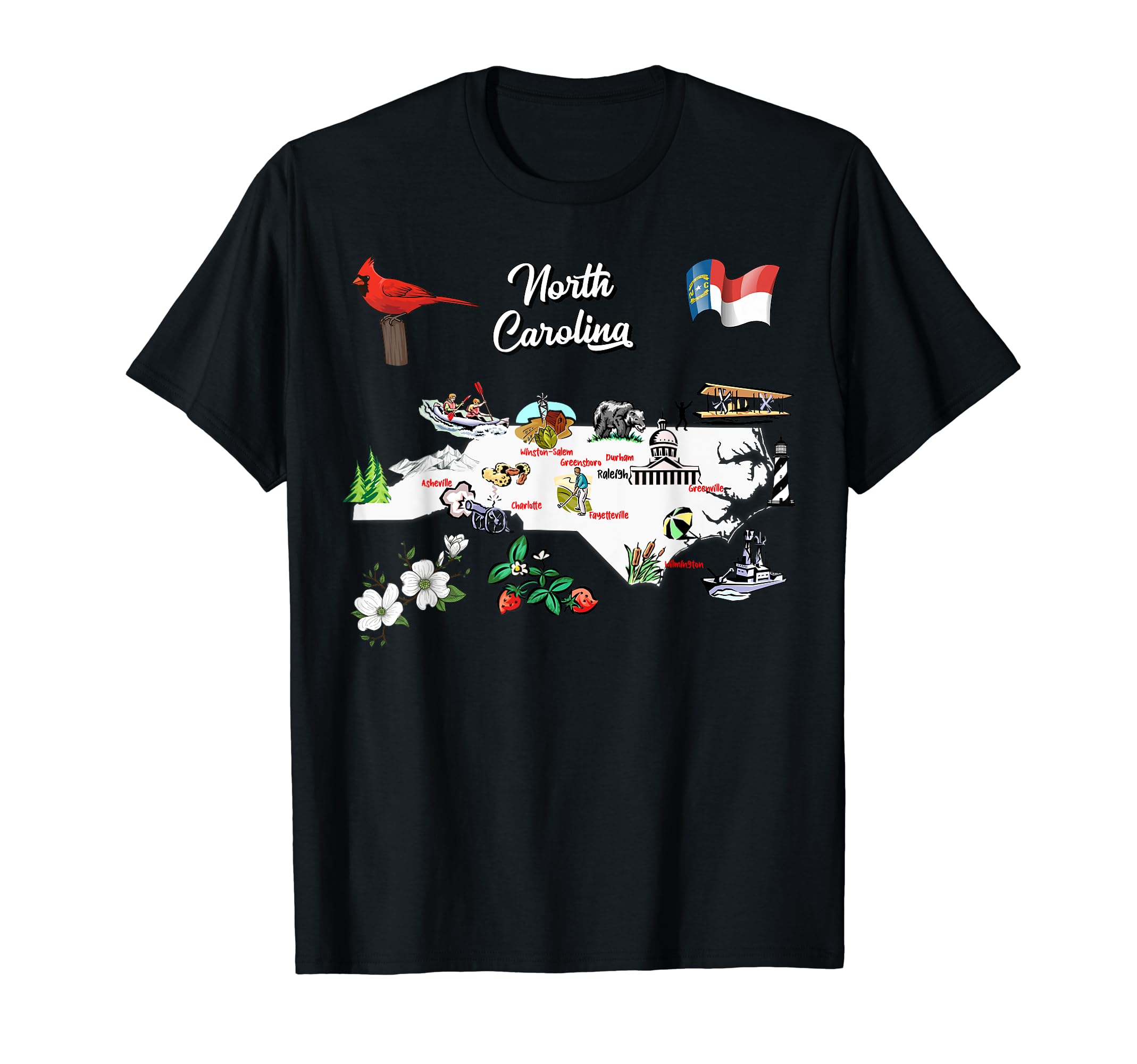 MASH MOSHNorth Carolina State Illustrated Map Cities Symbols T-Shirt