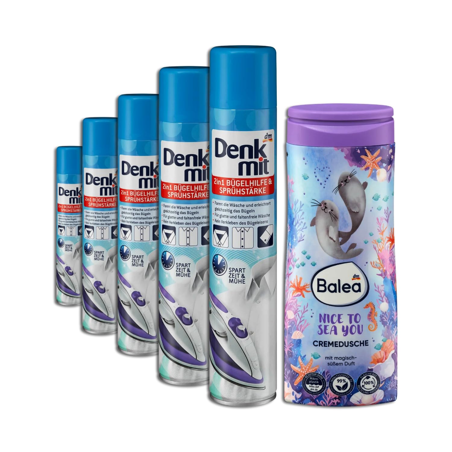 6er Set: 5 x Bügelhilfe & Sprühstärke 2in1, 5 x 500 ml, 1 x Cremedusche, 300 ml