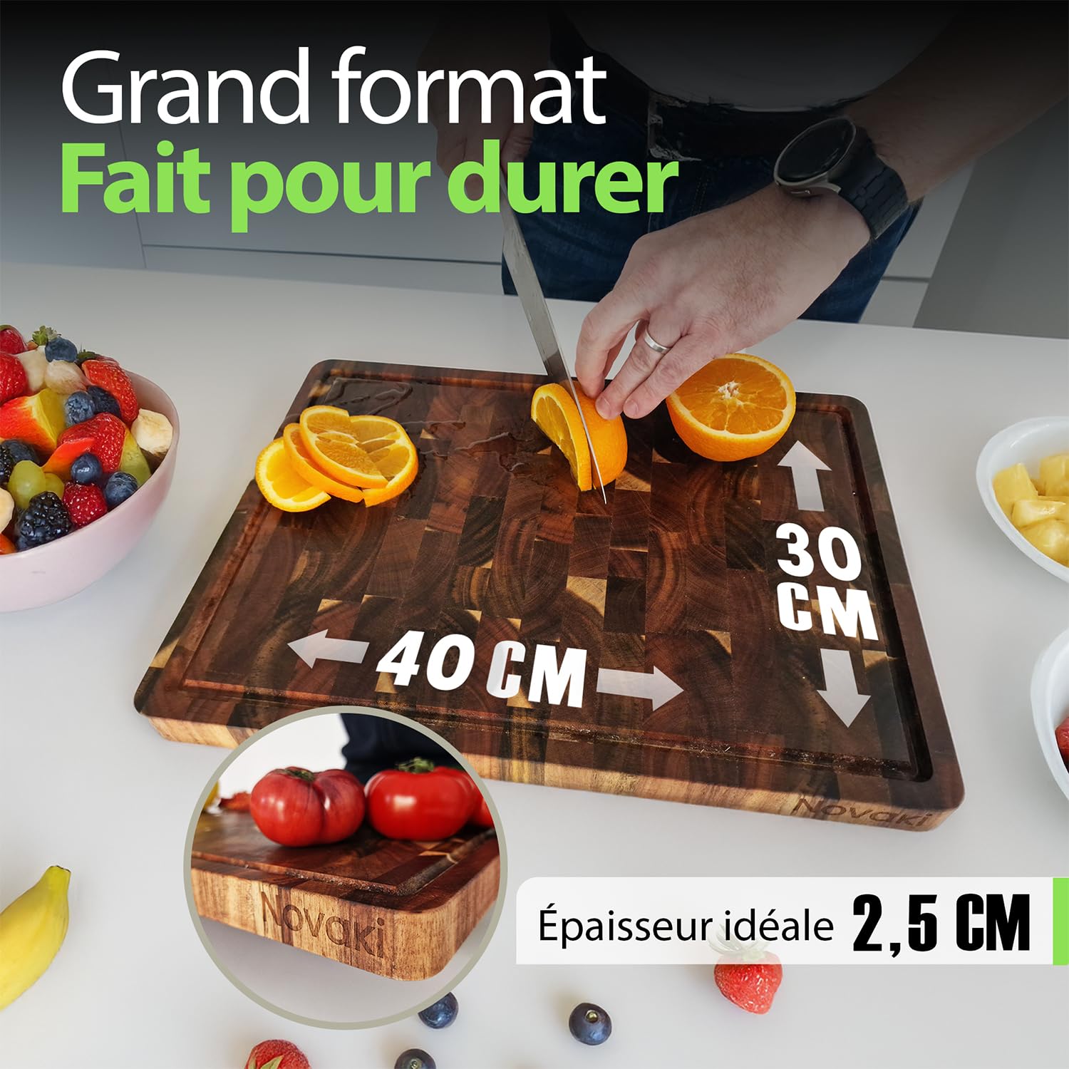 Novaki Planche à Découper Acacia Premium 40x30x2,5 cm – Bois de Bout Naturel, Double Face avec Rainure à Jus et Poignées – Fabrication Responsable et Matériaux Durables