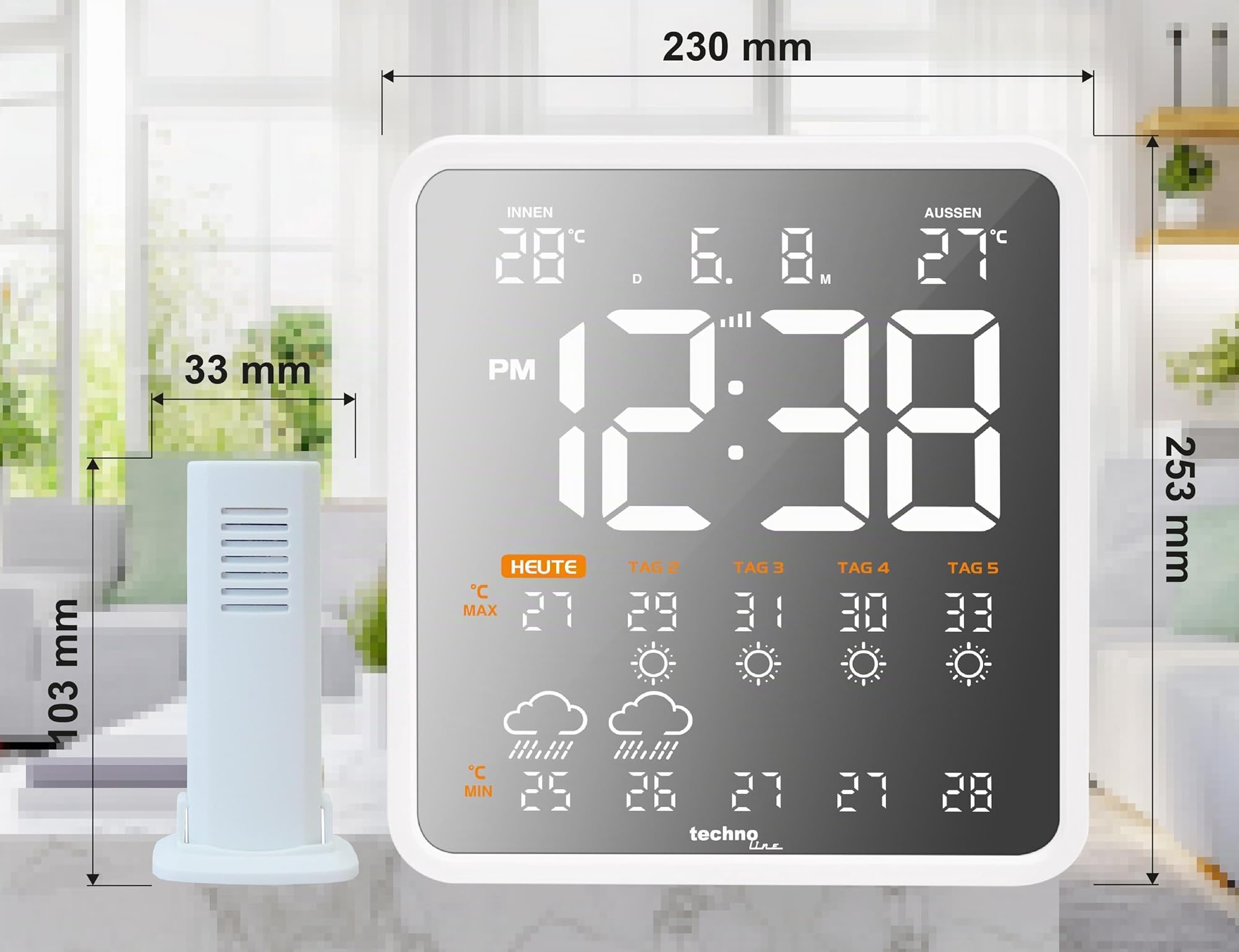 Technoline WD3035 WLAN - Station météo et horloge en un, température extérieure, prévisions météo pour les 4 prochains jours, transmission des données sur le smartphone, affichage de la probabilité de