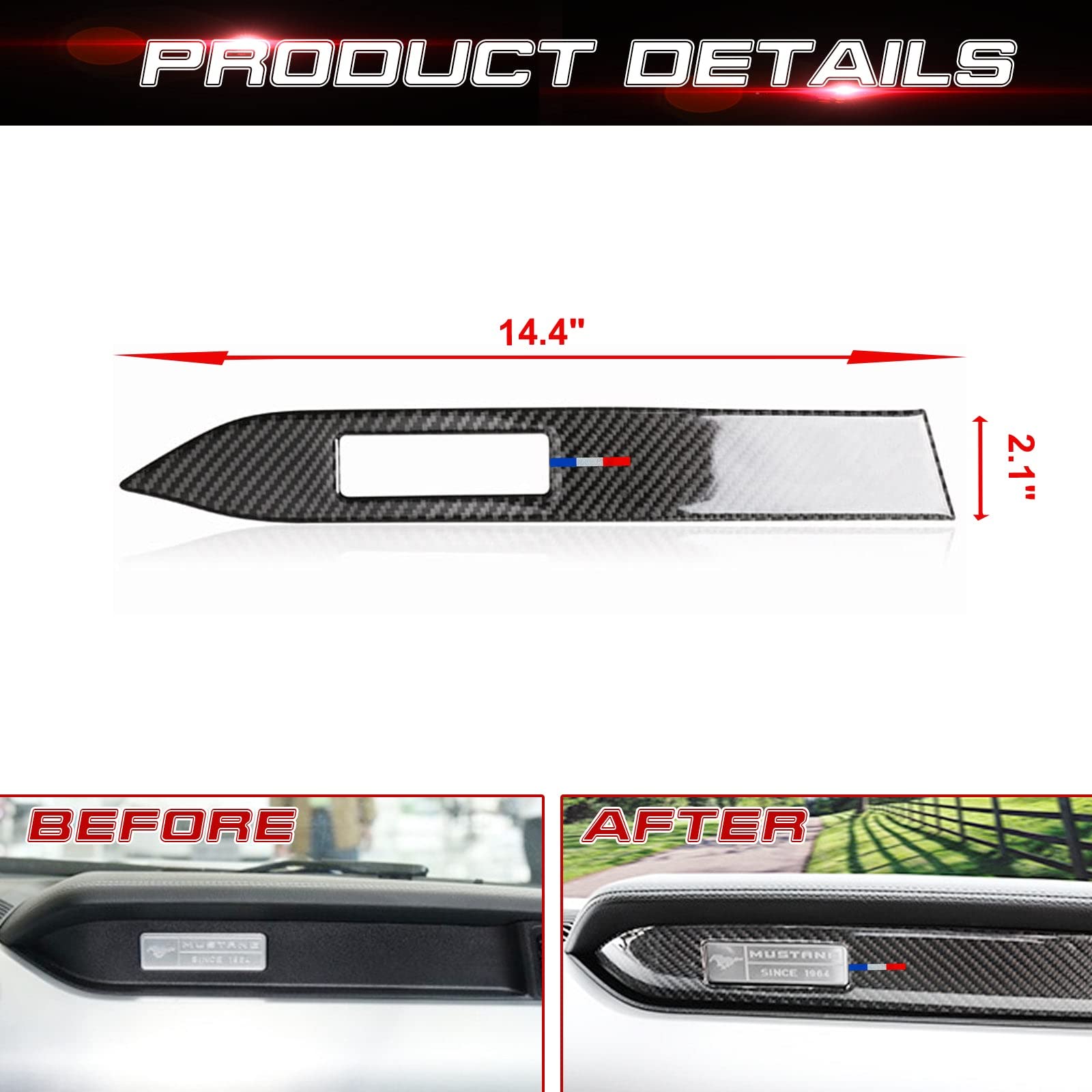 Xotic Tech Carbon Fiber w/ 3 Color Strips Dashboard Panel Strip Sticker Cover Trim Interior Accessories, Compatible with Ford Mustang 2015 2016 2017 2018 2019 2020 2021 2022 2023