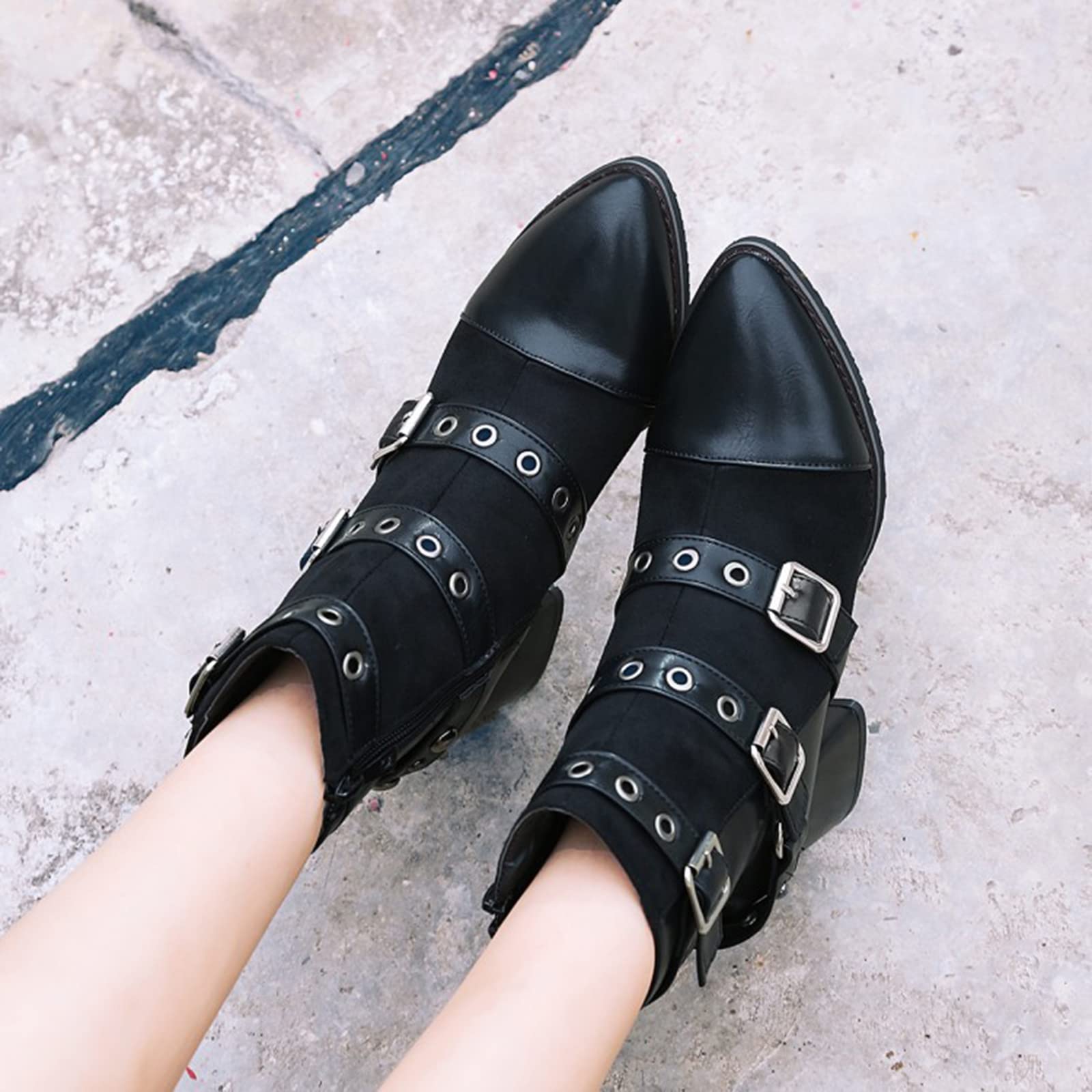 Botas Cortas Elegantes Y Versátiles con Punta En Pico De 6CM/2,36 Pulgadas Botines De Tacón Alto con Hebilla De Cinturón Botas De Baile En Barra De Tacón Alto