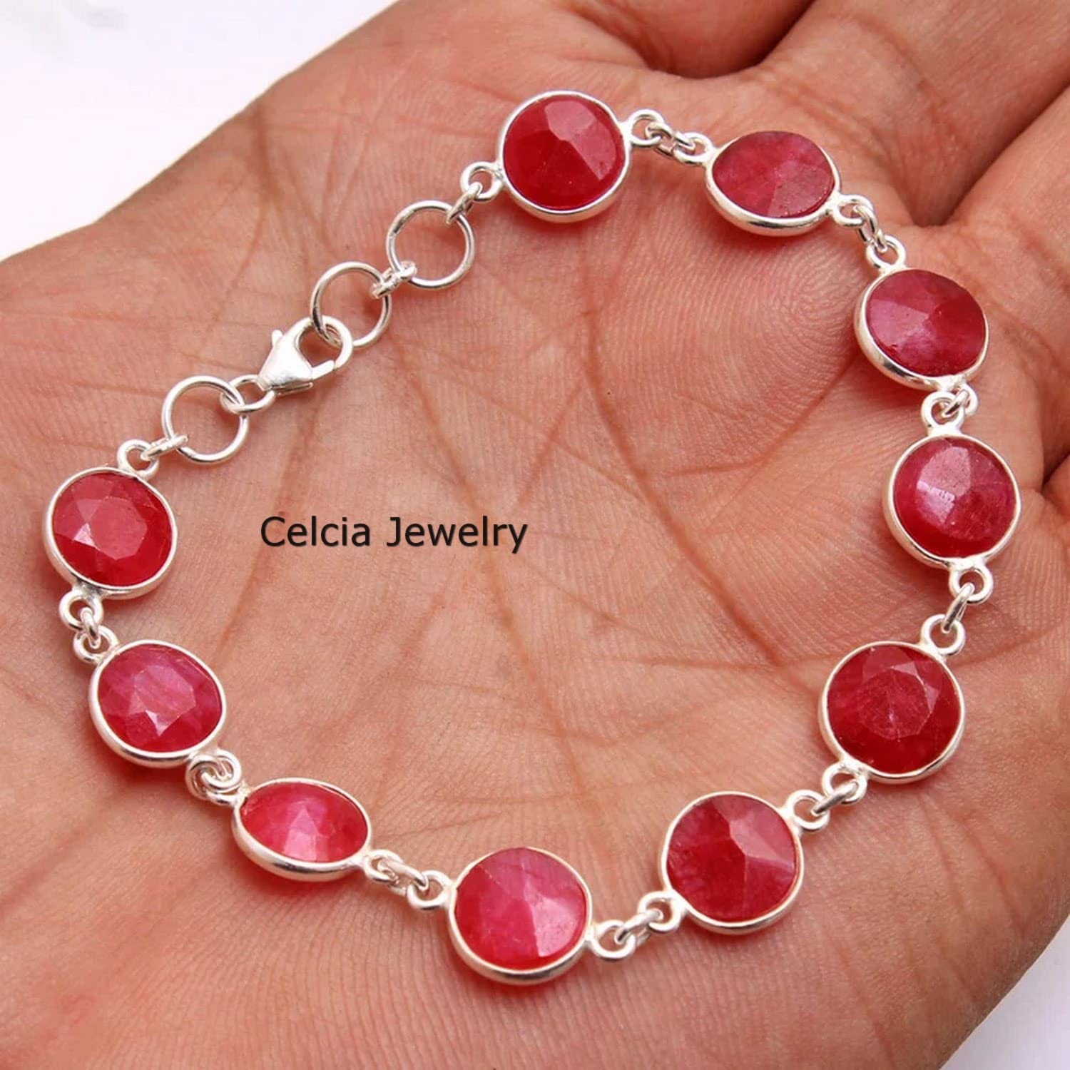 Pulsera de plata esterlina 925 para mujeres y niñas, pulsera de rubí natural Piedra preciosa Pulsera única hecha a mano para ella o para él