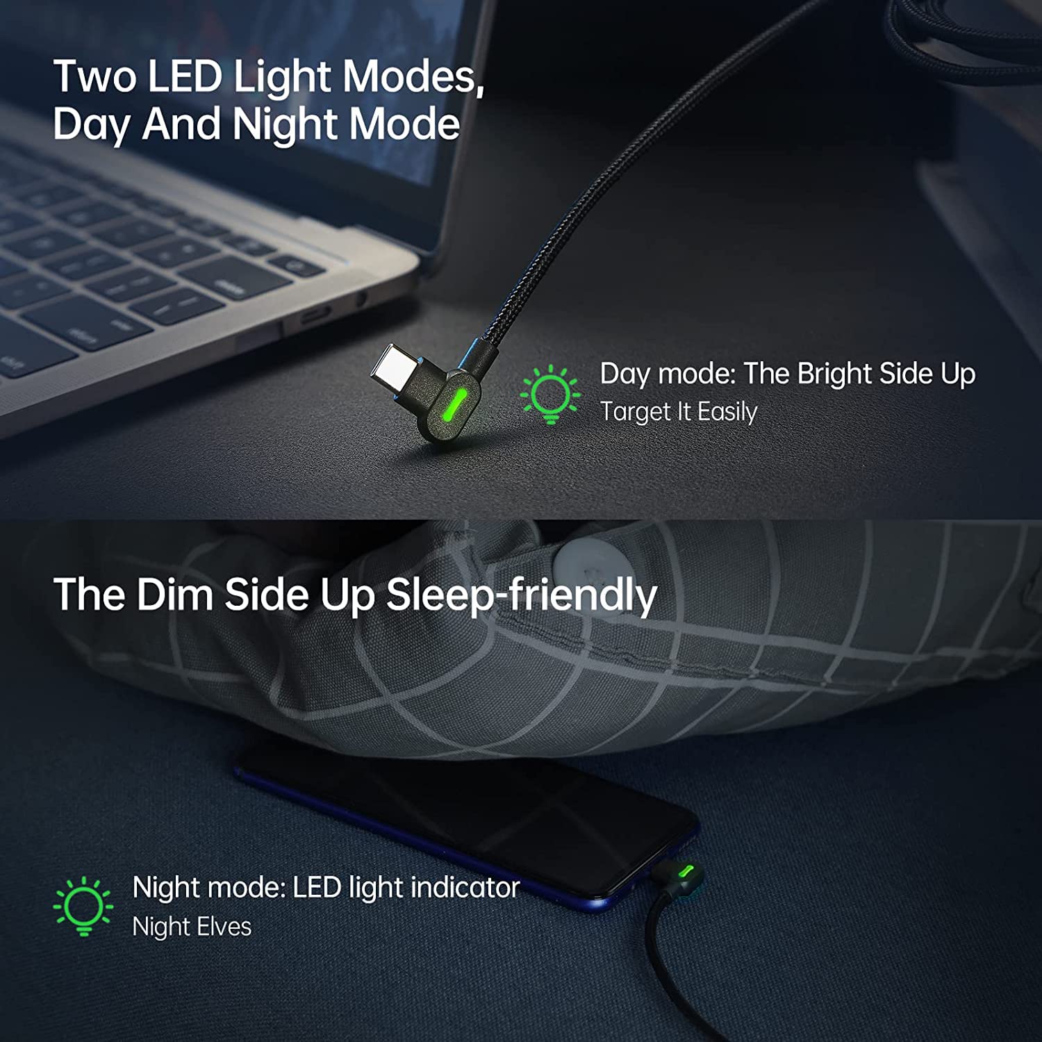 Type C USB 90 Degree Right Angle Elbow Design Game LED Strong Nylon Braided Sync Charge USB Data Cable Compatible Samsung Galaxy S20 S10 S9 S8 Plus Note10 LG Google Pixel and More (3 Pack,10FT)