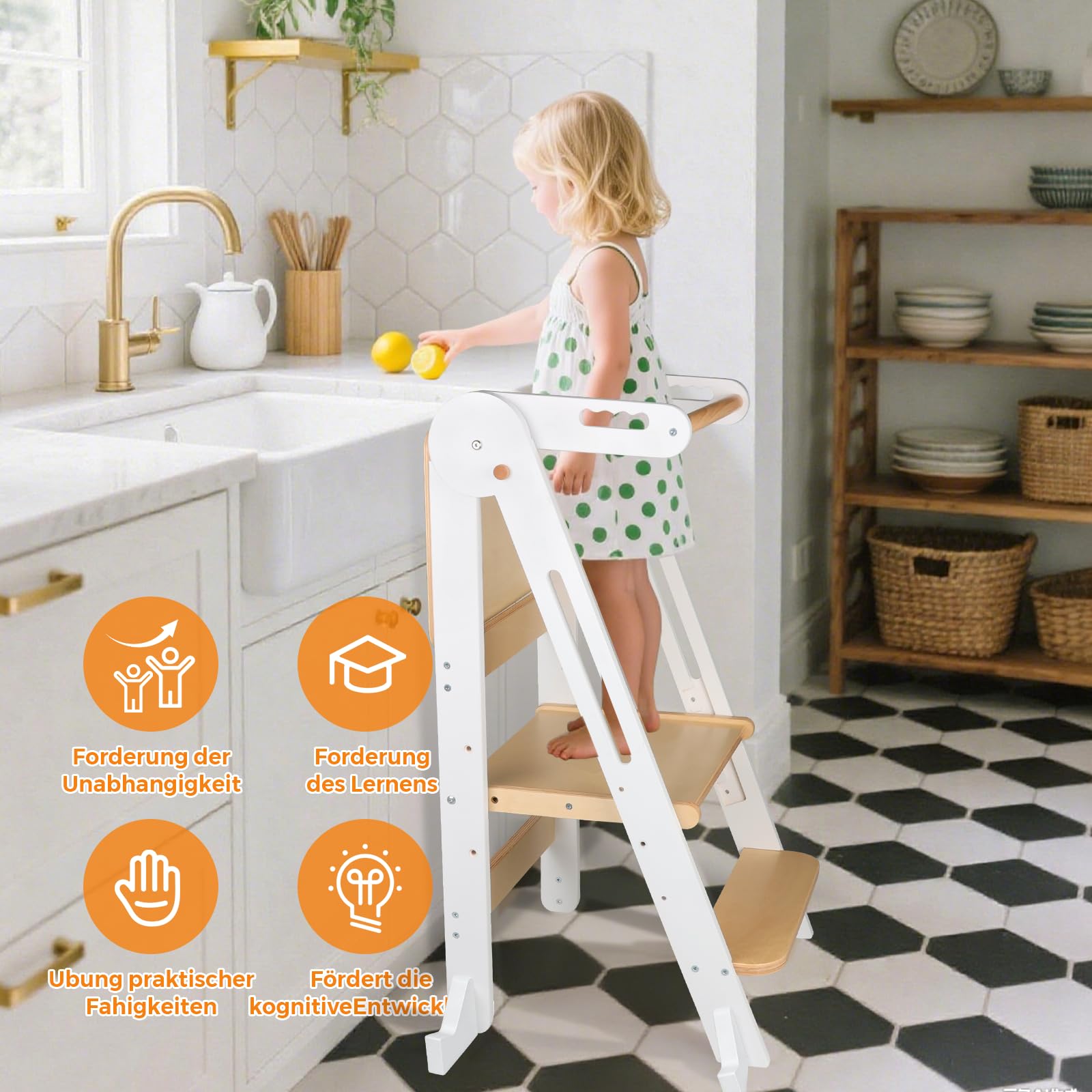 Lernturm ab 1 Jahr Klappbar Multifunktion Montessori Learning Tower Höhenverstellbar und Platzsparend mit Tafel Kippschutz & Anti-Rutsch-Trittfläche für Kinder Tritthocker, Schemel