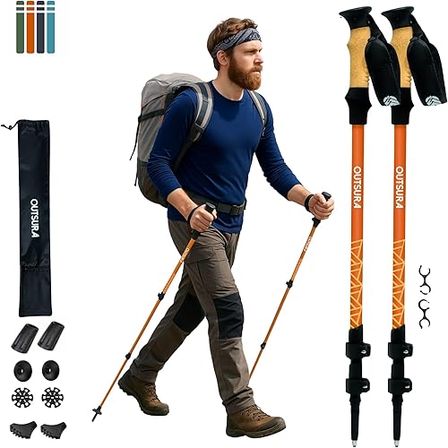 Outsura Bastones de senderismo plegables y ligeros de aluminio de grado aeronáutico con agarre de corcho y bloqueo rápido, par de 2 bastones para