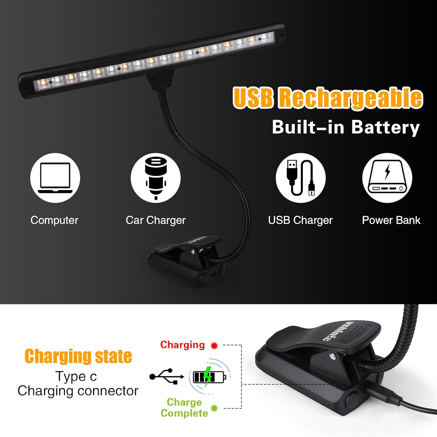 Clip On Music Stand Light,18LED Rechargeable Piano Light, Orchestra Light 3 Colors & 2 Levels Brightness Settings,Perfect for Piano, Keyboard,Orchestra,DJ,Craft and Reading