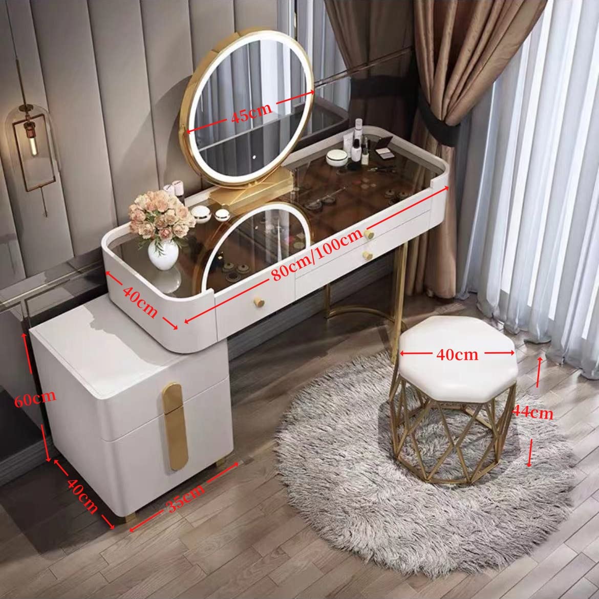 グレー マーブル天板 ドレッサー 化粧台 ドレッサー 化粧デスク 鏡台 LEDライト付き鏡 ミラー