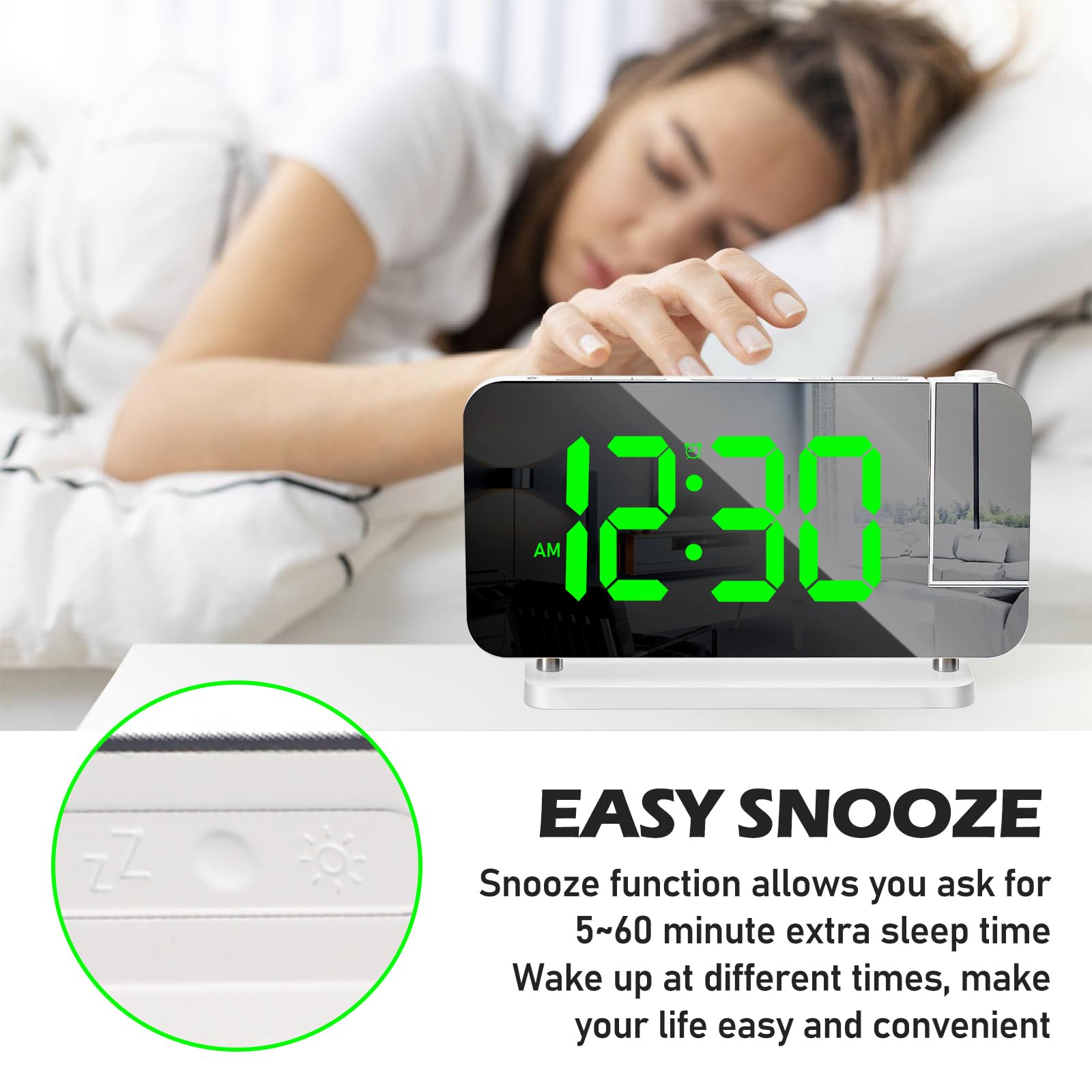 PORFOYO Sveglia con proiezione, sveglia con orologio LED RGB a specchio, 10 colori, luce notturna e proiettore girevole a 180°, sveglia digitale con USB-C, per camera da letto, bambini, ufficio
