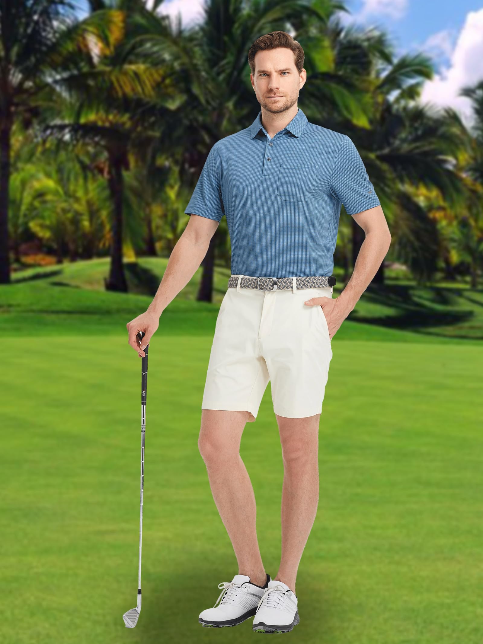 Rouen Herren-Golf-Shirt, kurzärmelig, trockene Passform, Jacquard-Performance, Feuchtigkeitstransport, lässig, mit Taschenkragen, Poloshirts für Herren