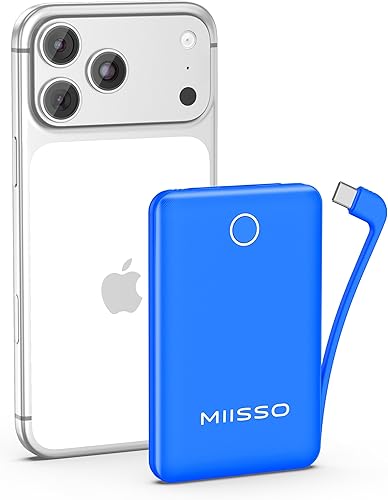 miisso 10000mAh compatible con iPhone 151617 y Android, cargador portátil delgado con cable integrado, cargador de viaje de batería externa para