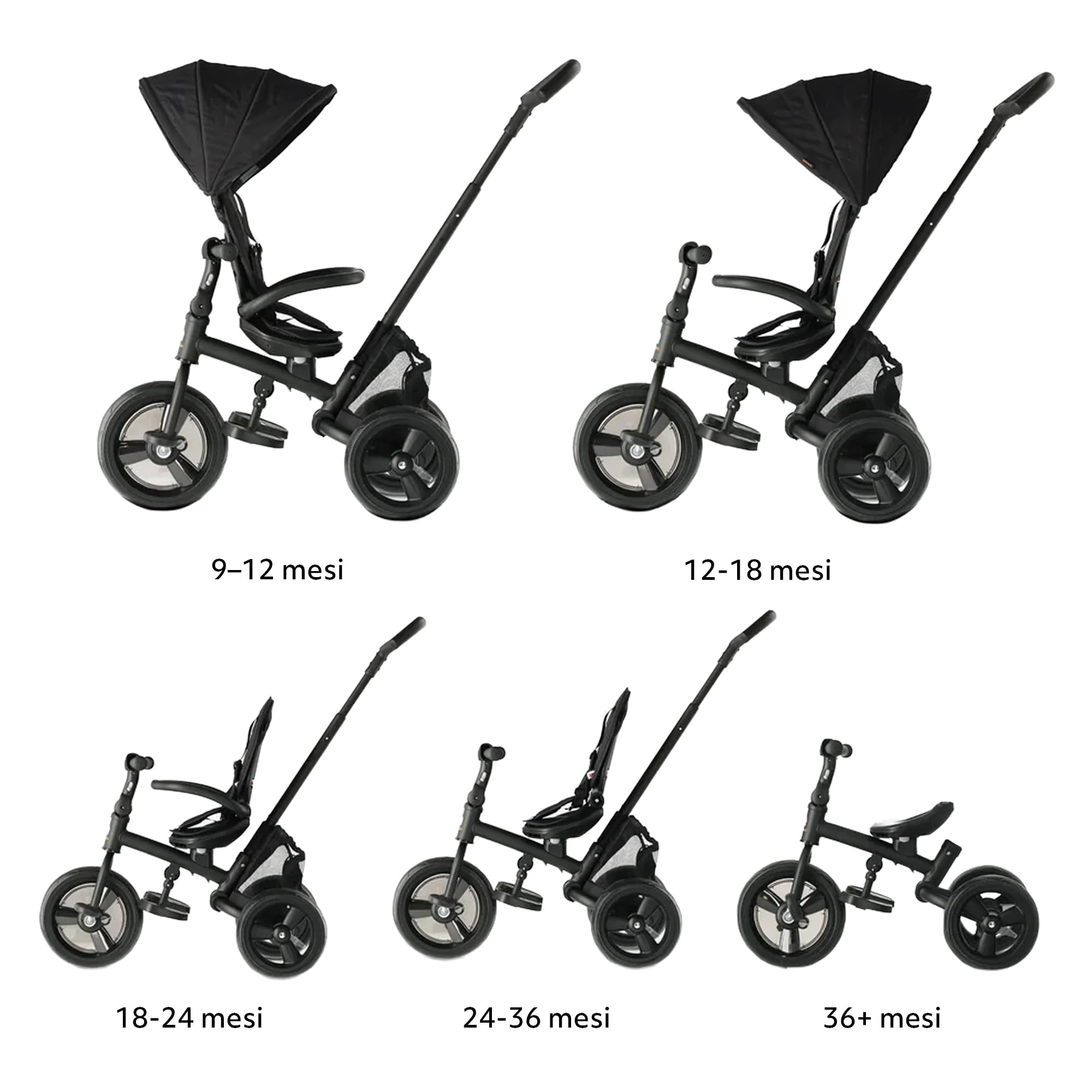 Deryan Explorer Triciclo da 9 Mesi fino a 25 kg – Triciclo per Bambini con Maniglione di Spinta – Sedile Girevole – Tettuccio Estensibile con Protezione Solare – Nero