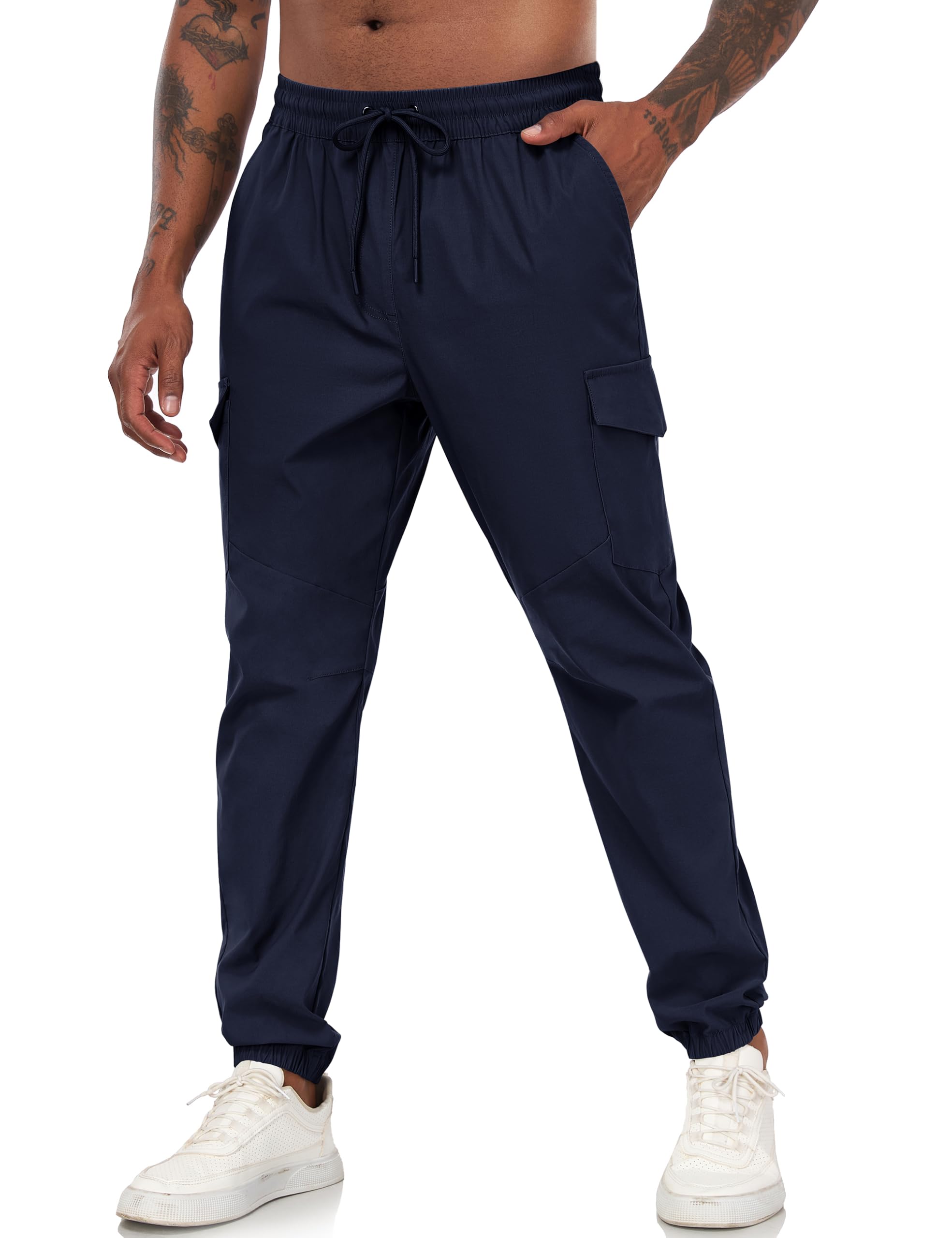 Men's Lightweight Cargo Joggers with Pockets Adjustable Elastic Drawstring Waist Tapered Cuffs Breathable Quick Dry Hiking Pants for Outdoor Workwear Casual Travel Gym Running Athletic Navy
