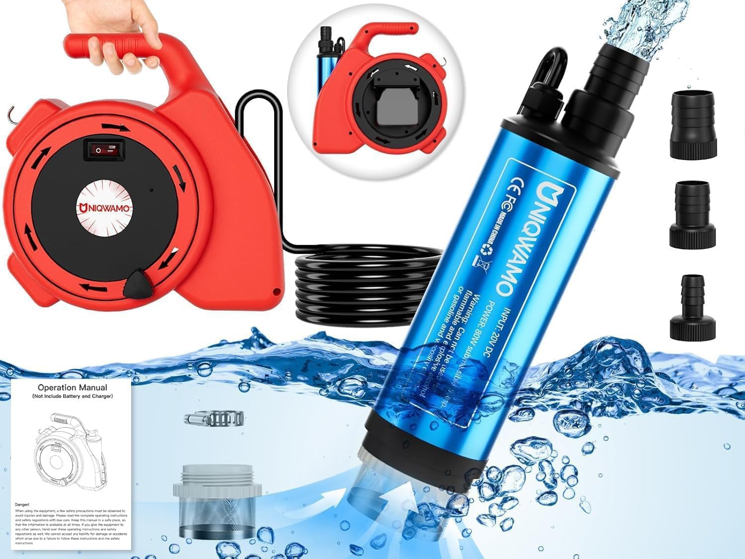 Uniqwamo Portable Transfer Pump Compatible For Milwaukee 18V Battery, 635GPH, 120W Battery Powered Water Pump, Submersible Water Pump for Garden, Camping, Kiddie Pool, Fish Tank(No Battery)