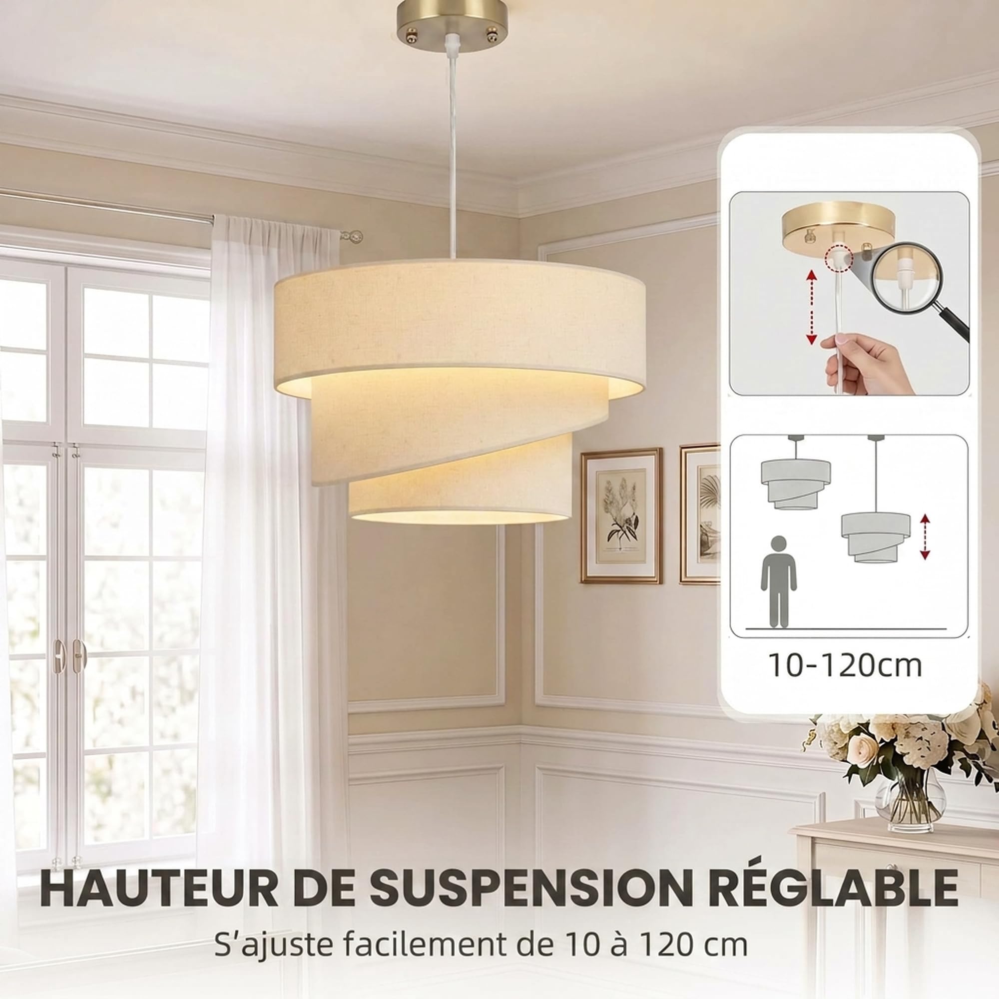 HOMCOM Suspension Luminaire à 3 Abat-Jour Effet Lin, Rosace Dorée